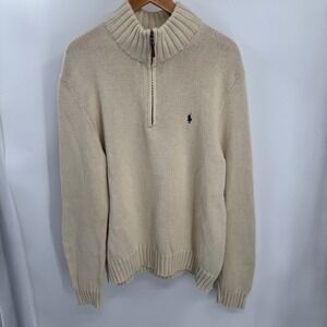 Vintage Polo Ralph Lauren Mens 1/4 Zip Mock Neck Cotton Knit Sweater XL Beige